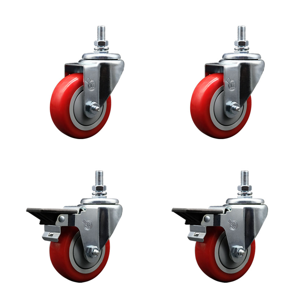 Polyurethane Swivel Threaded Stem Caster Set of 4 w/3.5" x 1.25" Red Wheels and 10MM Stems - Includes 2 with Posi Locking Brake - 1,200 lbs Total Capacity - Service Caster Brand — photo 1