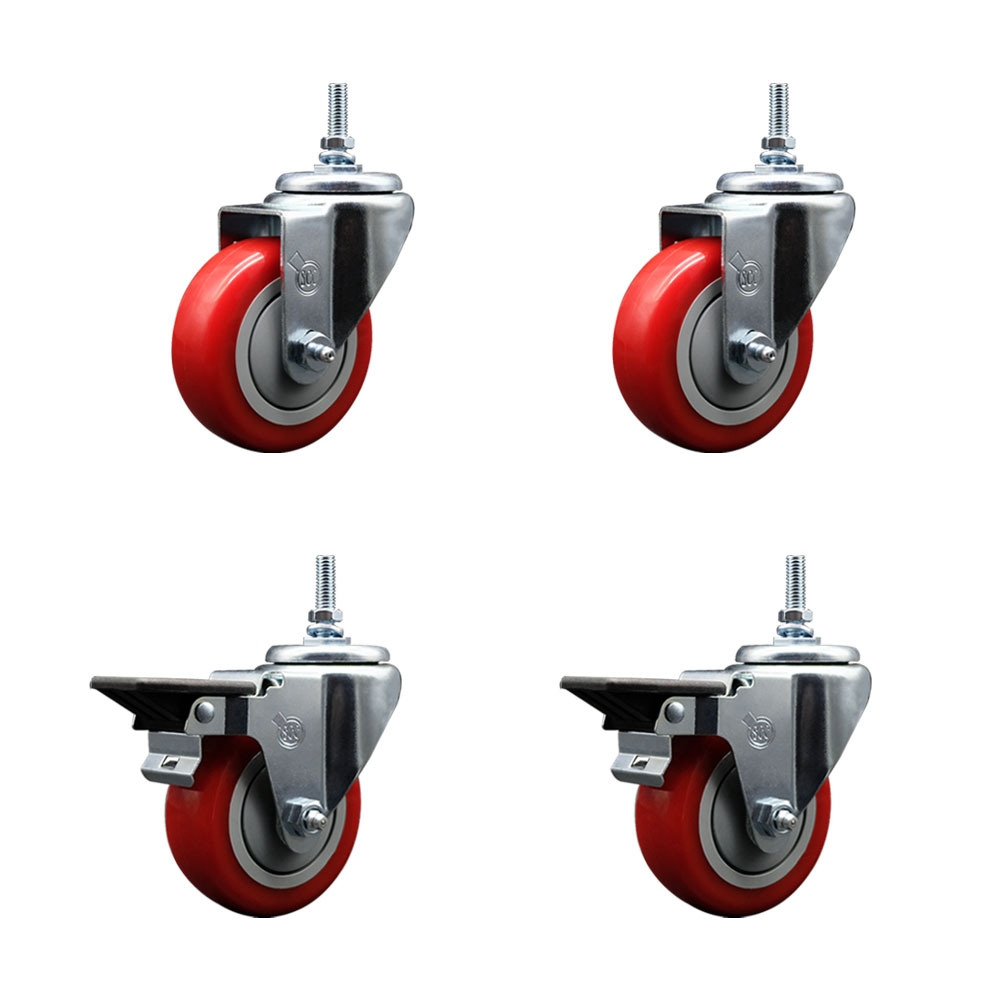 Polyurethane Swivel Threaded Stem Caster Set of 4 w/3.5" x 1.25" Red Wheels and 12MM Stems - Includes 2 with Posi Locking Brake - 1,200 lbs Total Capacity - Service Caster Brand — photo 1