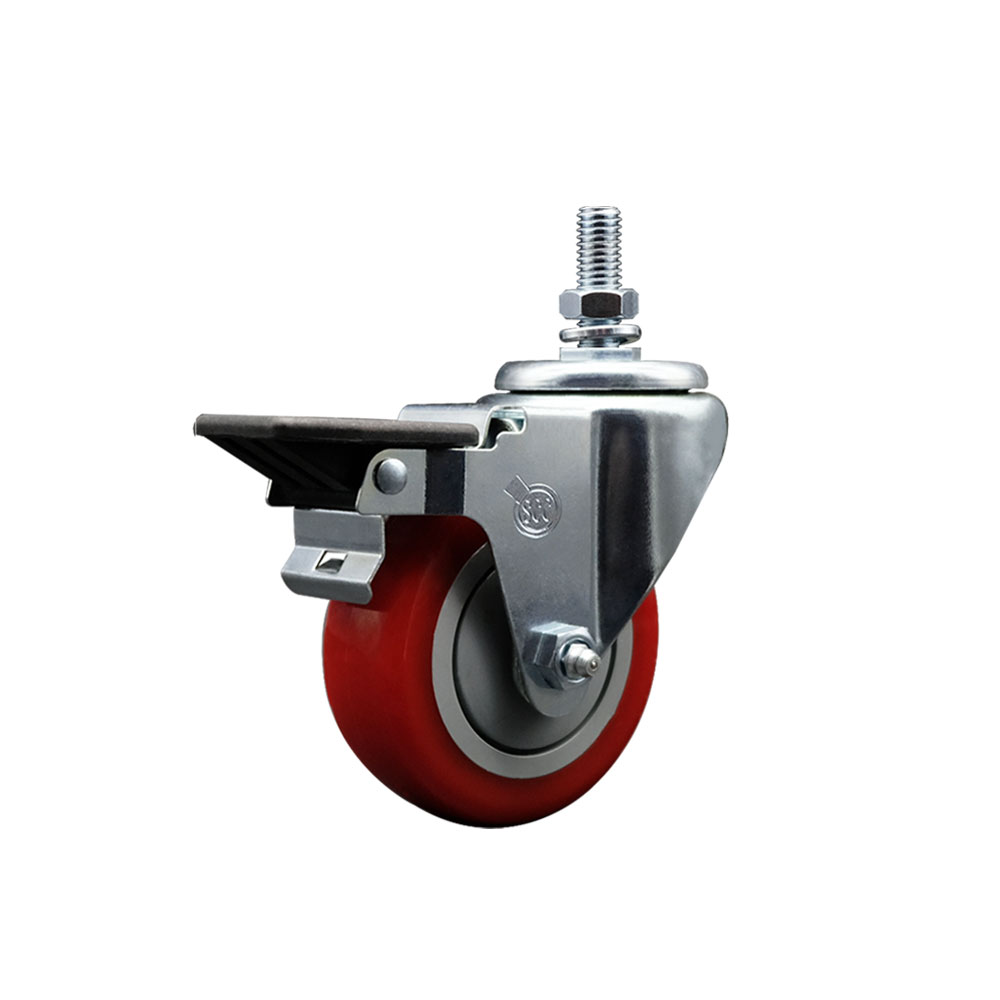Polyurethane Swivel Threaded Stem Caster w/3.5" x 1.25" Red Wheel and 1/2" Stem & Posi Locking Brake - 300 lbs Capacity/Caster - Service Caster Brand — photo 1