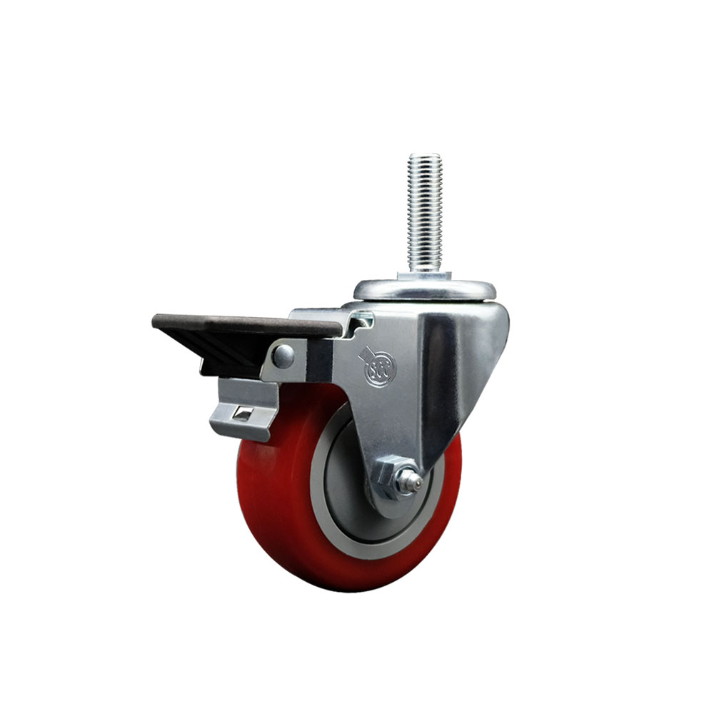 Polyurethane Swivel Threaded Stem Caster w/3.5" x 1.25" Red Wheel and 3/4" Stem & Posi Locking Brake - 300 lbs Capacity/Caster - Service Caster Brand — photo 1