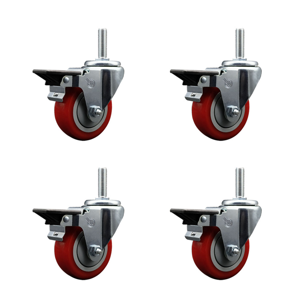 Polyurethane Swivel Threaded Stem Caster Set of 4 w/3.5" x 1.25" Red Wheels and 5/8" Stems - Includes 4 with Posi Lock Brakes - 1,200 lbs Total Capacity - Service Caster Brand — photo 1