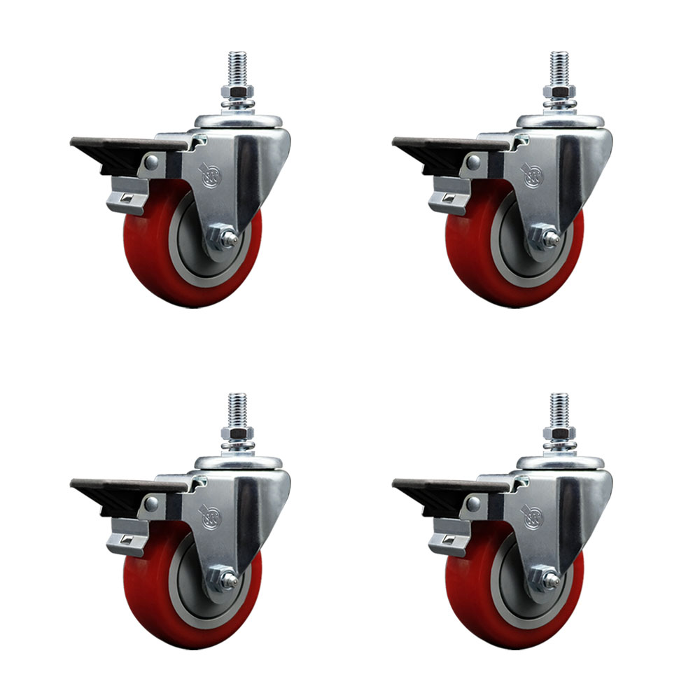 Polyurethane Swivel Threaded Stem Caster Set of 4 w/3.5" x 1.25" Red Wheels and 10MM Stems - Includes 4 with Posi Lock Brakes - 1,200 lbs Total Capacity - Service Caster Brand — photo 1