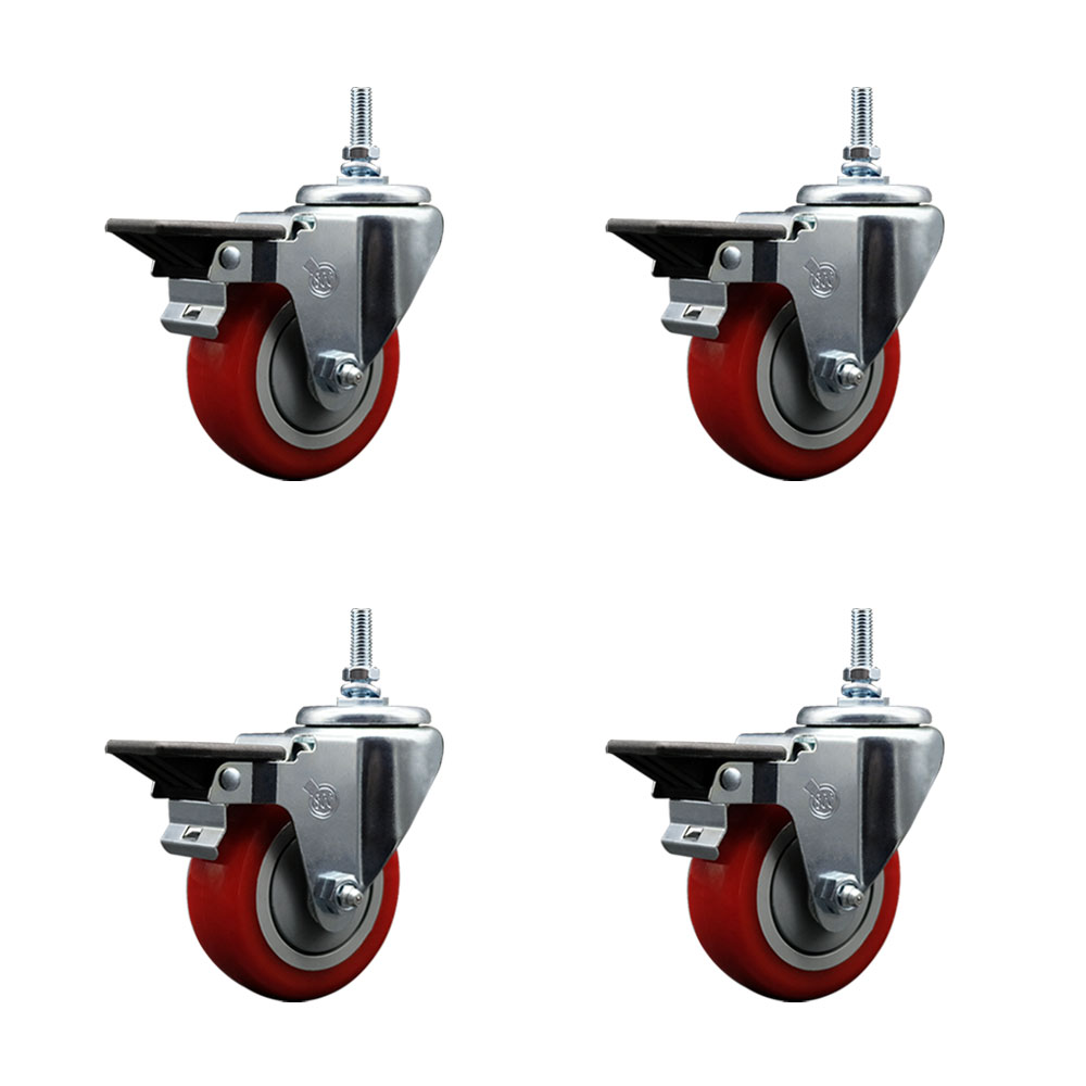 Polyurethane Swivel Threaded Stem Caster Set of 4 w/3.5" x 1.25" Red Wheels and 12MM Stems - Includes 4 with Posi Lock Brakes - 1,200 lbs Total Capacity - Service Caster Brand — photo 1