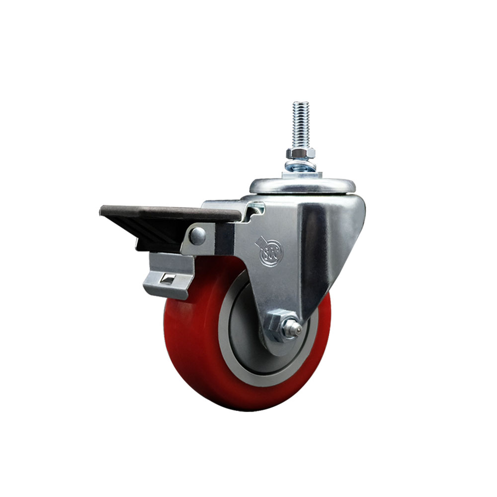 Polyurethane Swivel Threaded Stem Caster w/3.5" x 1.25" Red Wheel and 12MM Stem & Posi Locking Brake - 300 lbs Capacity/Caster - Service Caster Brand — photo 1