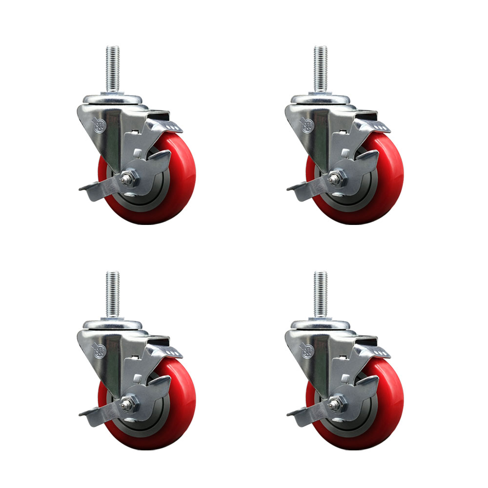 Polyurethane Swivel Threaded Stem Caster Set of 4 w/3.5" x 1.25" Red Wheels and 3/4" Stems - Includes 4 with Top Lock Brakes - 1,200 lbs Total Capacity - Service Caster Brand — photo 1