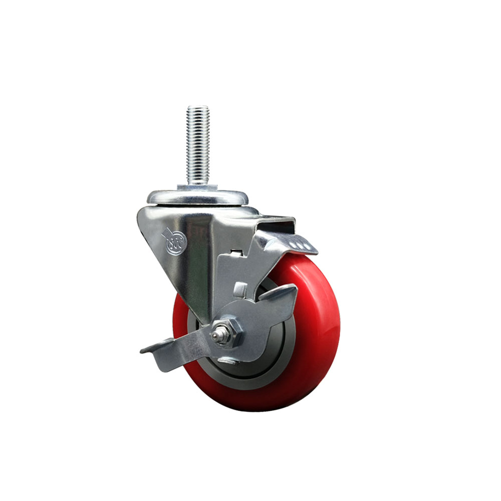 Polyurethane Swivel Threaded Stem Caster w/3.5" x 1.25" Red Wheel and 5/8" Stem & Top Locking Brake - 300 lbs Capacity/Caster - Service Caster Brand — photo 1