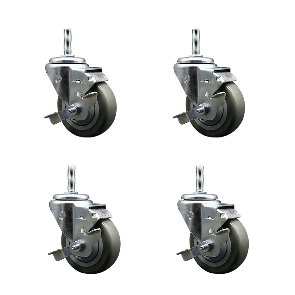 Polyurethane Swivel Threaded Stem Caster Set of 4 w/3.5" x 1.25" Gray Wheels and 3/4" Stems - Includes 4 with Top Lock Brakes - 1,200 lbs Total Capacity - Service Caster Brand — photo 1
