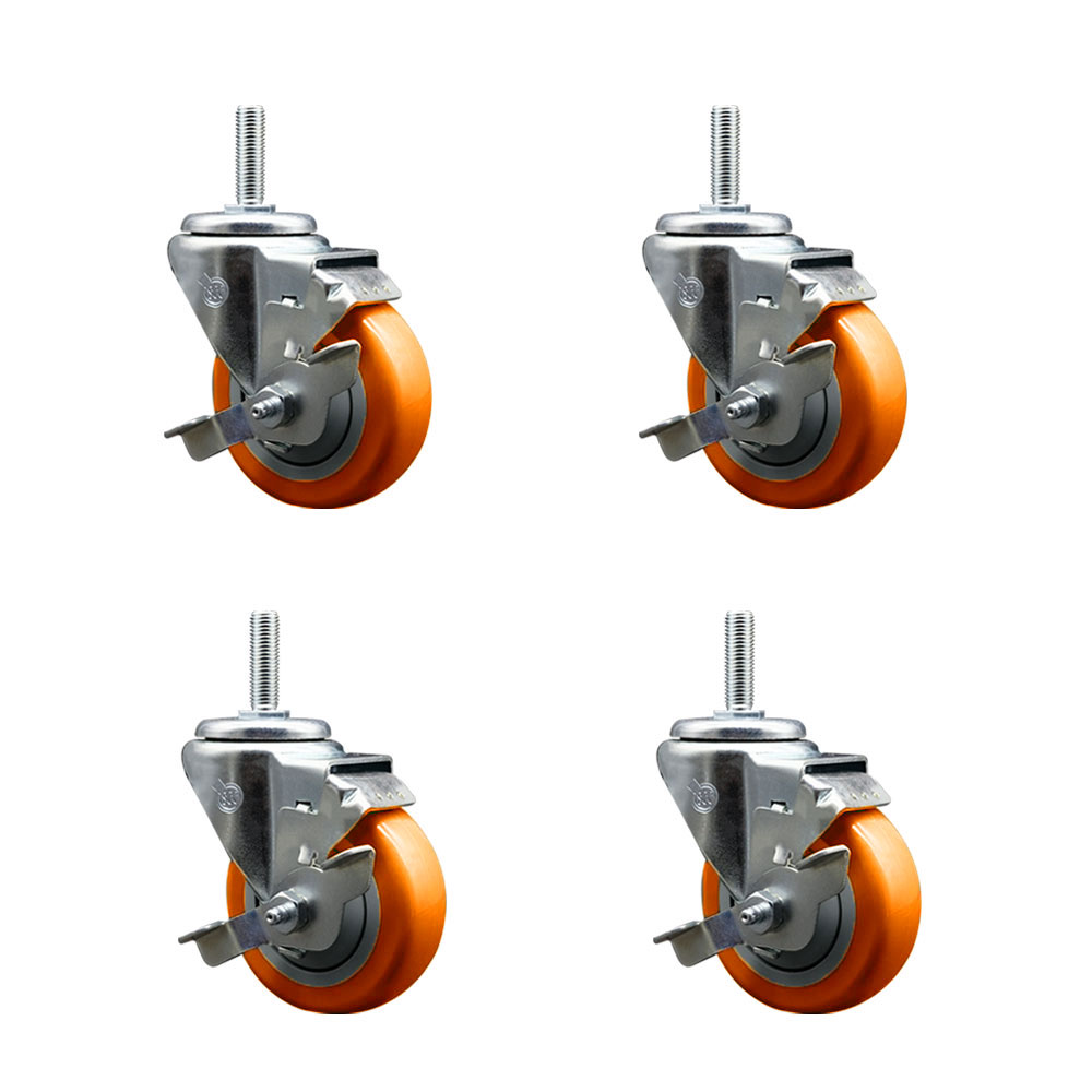 Polyurethane Swivel Threaded Stem Caster Set of 4 w/3.5" x 1.25" Orange Wheels and 3/4" Stems - Includes 4 with Top Lock Brakes - 1,200 lbs Total Capacity - Service Caster Brand — photo 1