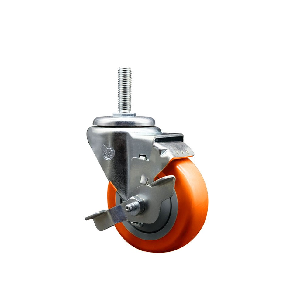 Polyurethane Swivel Threaded Stem Caster w/3.5" x 1.25" Orange Wheel and 3/4" Stem & Top Locking Brake - 300 lbs Capacity/Caster - Service Caster Brand — photo 1