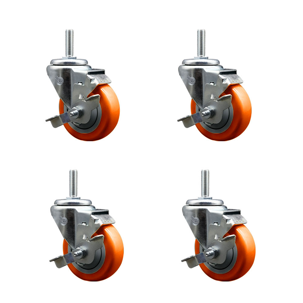 Polyurethane Swivel Threaded Stem Caster Set of 4 w/3.5" x 1.25" Orange Wheels and 5/8" Stems - Includes 4 with Top Lock Brakes - 1,200 lbs Total Capacity - Service Caster Brand — photo 1