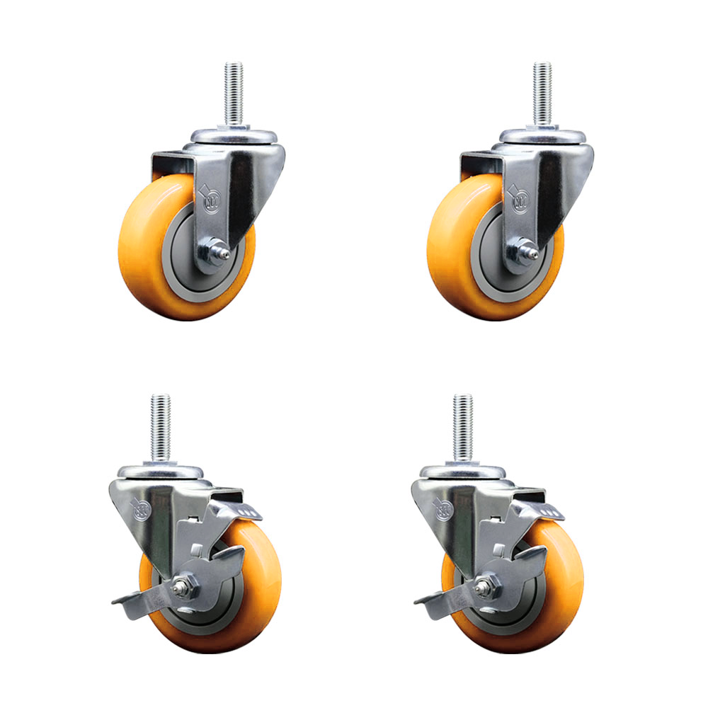Polyurethane Swivel Threaded Stem Caster Set of 4 w/3.5" x 1.25" Yellow Wheels and 3/4" Stems - Includes 2 with Top Locking Brake - 1,200 lbs Total Capacity - Service Caster Brand — photo 1