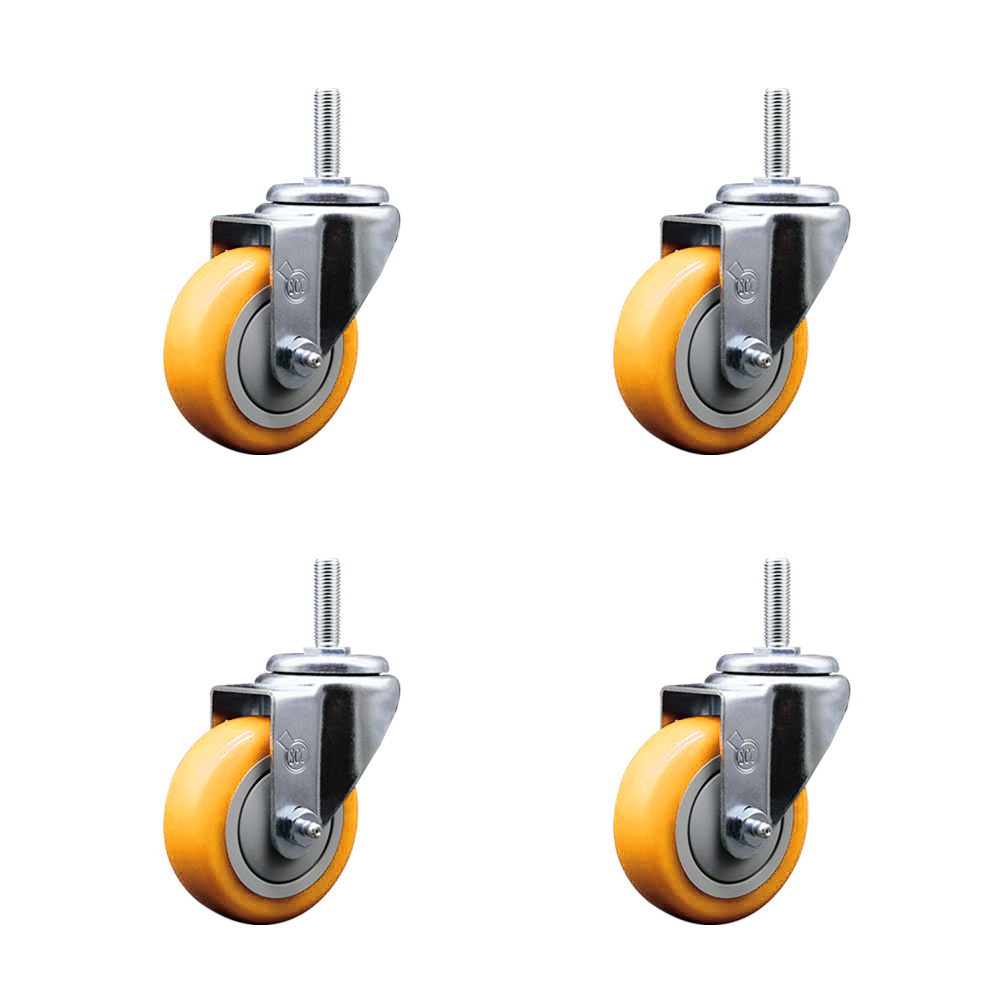 Polyurethane Swivel Threaded Stem Caster Set of 4 w/3.5" x 1.25" Yellow Wheels and 3/4" Stems - Includes 4 Swivel - 1,200 lbs Total Capacity - Service Caster Brand — photo 1