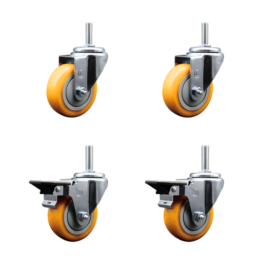 Polyurethane Swivel Threaded Stem Caster Set of 4 w/3.5" x 1.25" Yellow Wheels and 5/8" Stems - Includes 2 with Posi Locking Brake - 1,200 lbs Total Capacity - Service Caster Brand — photo 1