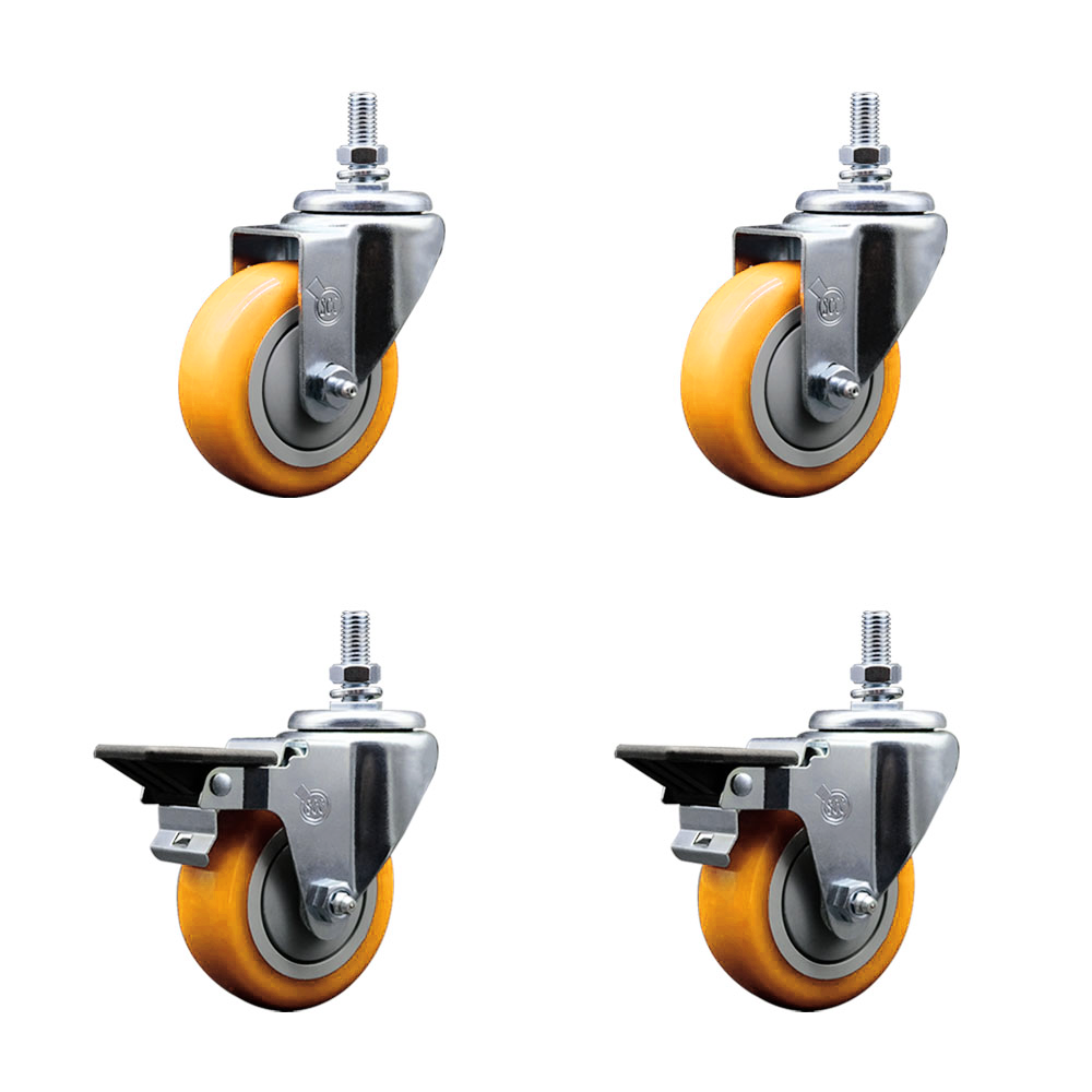 Polyurethane Swivel Threaded Stem Caster Set of 4 w/3.5" x 1.25" Yellow Wheels and 10MM Stems - Includes 2 with Posi Locking Brake - 1,200 lbs Total Capacity - Service Caster Brand — photo 1