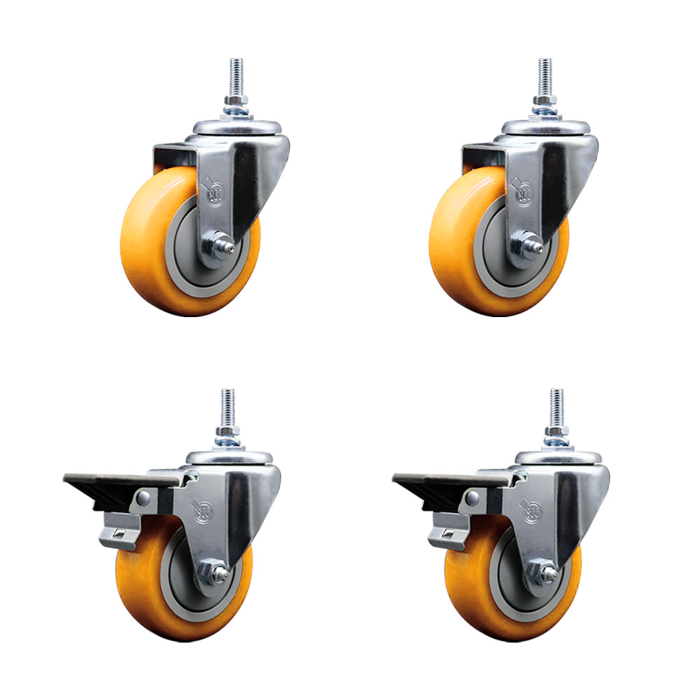 Polyurethane Swivel Threaded Stem Caster Set of 4 w/3.5" x 1.25" Yellow Wheels and 12MM Stems - Includes 2 with Posi Locking Brake - 1,200 lbs Total Capacity - Service Caster Brand — photo 1