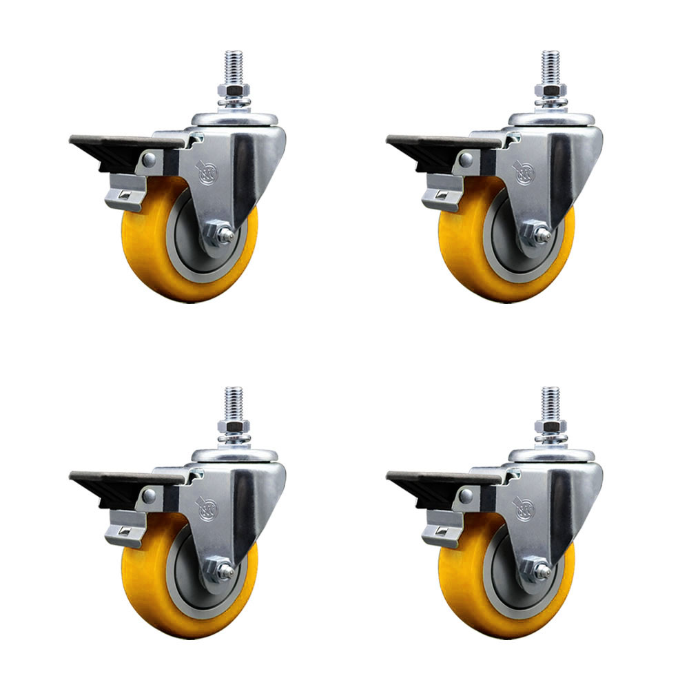 Polyurethane Swivel Threaded Stem Caster Set of 4 w/3.5" x 1.25" Yellow Wheels and 1/2" Stems - Includes 4 with Posi Lock Brakes - 1,200 lbs Total Capacity - Service Caster Brand — photo 1