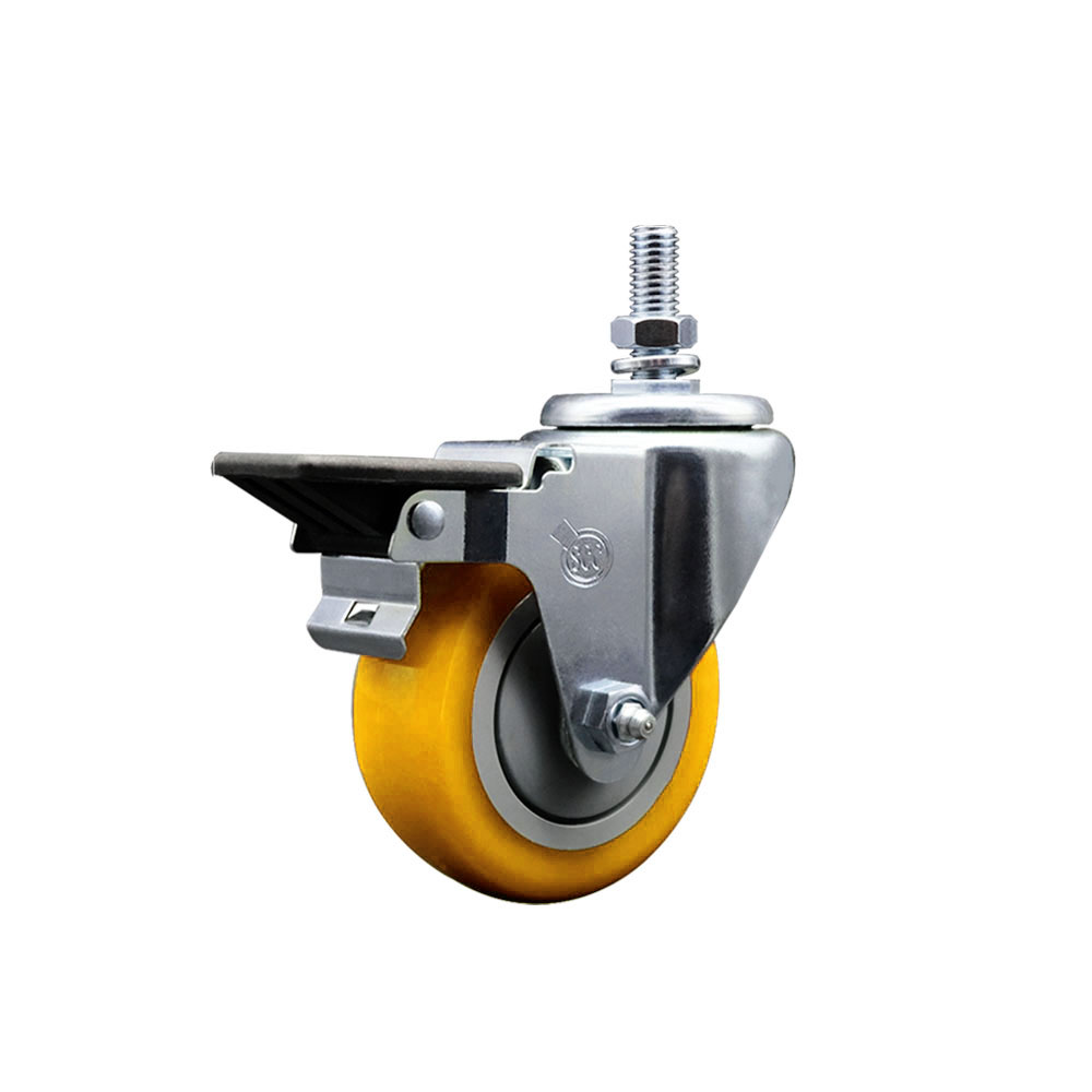 Polyurethane Swivel Threaded Stem Caster w/3.5" x 1.25" Yellow Wheel and 1/2" Stem & Posi Locking Brake - 300 lbs Capacity/Caster - Service Caster Brand — photo 1