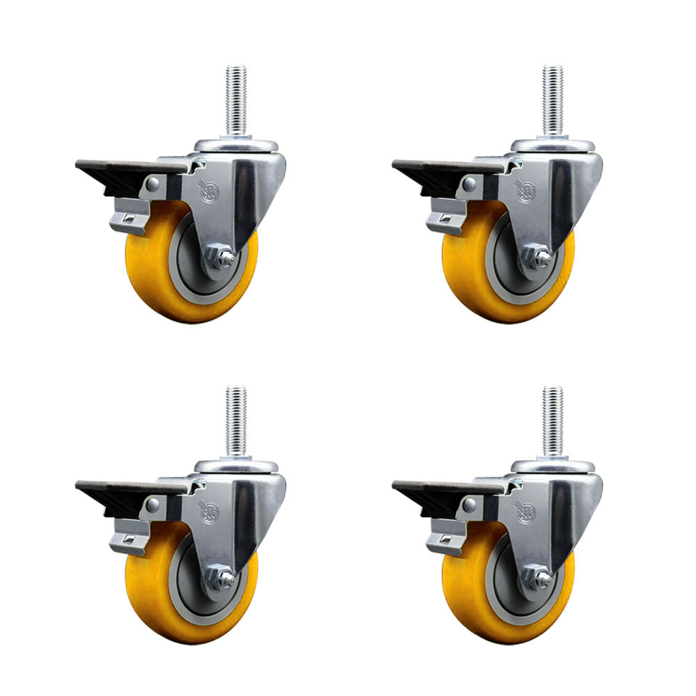Polyurethane Swivel Threaded Stem Caster Set of 4 w/3.5" x 1.25" Yellow Wheels and 3/4" Stems - Includes 4 with Posi Lock Brakes - 1,200 lbs Total Capacity - Service Caster Brand — photo 1