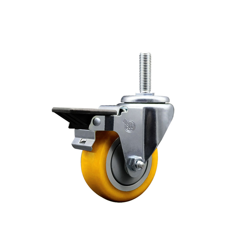 Polyurethane Swivel Threaded Stem Caster w/3.5" x 1.25" Yellow Wheel and 3/4" Stem & Posi Locking Brake - 300 lbs Capacity/Caster - Service Caster Brand — photo 1
