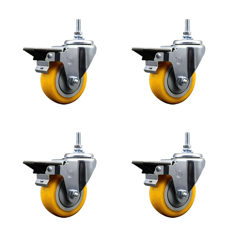 Polyurethane Swivel Threaded Stem Caster Set of 4 w/3.5" x 1.25" Yellow Wheels and 3/8" Stems - Includes 4 with Posi Lock Brakes - 1,200 lbs Total Capacity - Service Caster Brand — photo 1