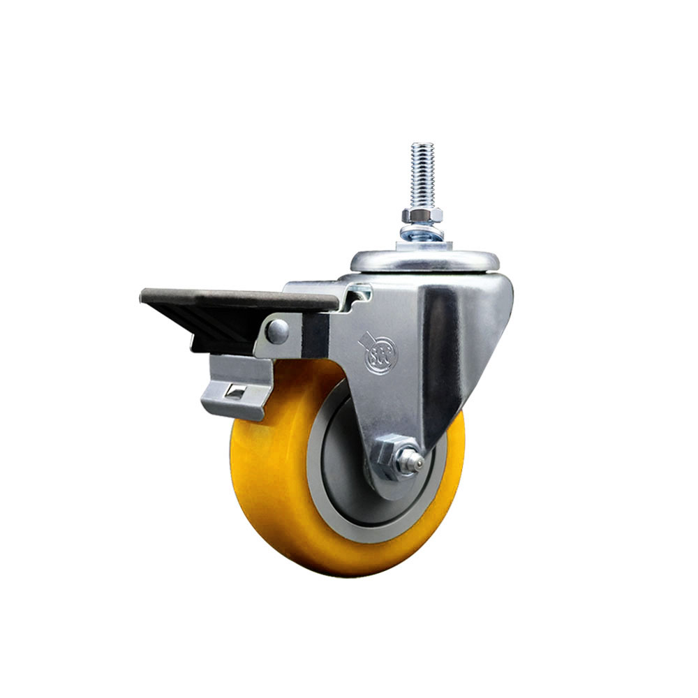 Polyurethane Swivel Threaded Stem Caster w/3.5" x 1.25" Yellow Wheel and 3/8" Stem & Posi Locking Brake - 300 lbs Capacity/Caster - Service Caster Brand — photo 1