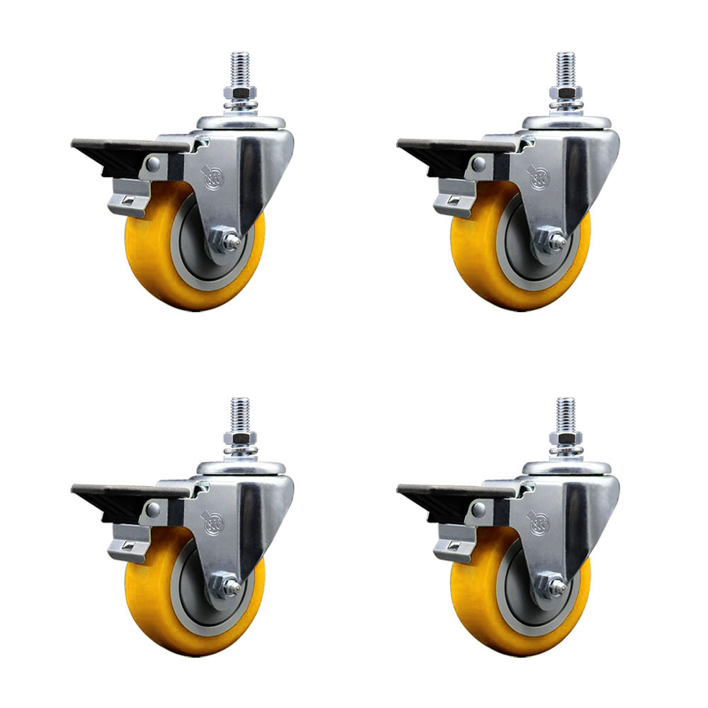 Polyurethane Swivel Threaded Stem Caster Set of 4 w/3.5" x 1.25" Yellow Wheels and 10MM Stems - Includes 4 with Posi Lock Brakes - 1,200 lbs Total Capacity - Service Caster Brand — photo 1