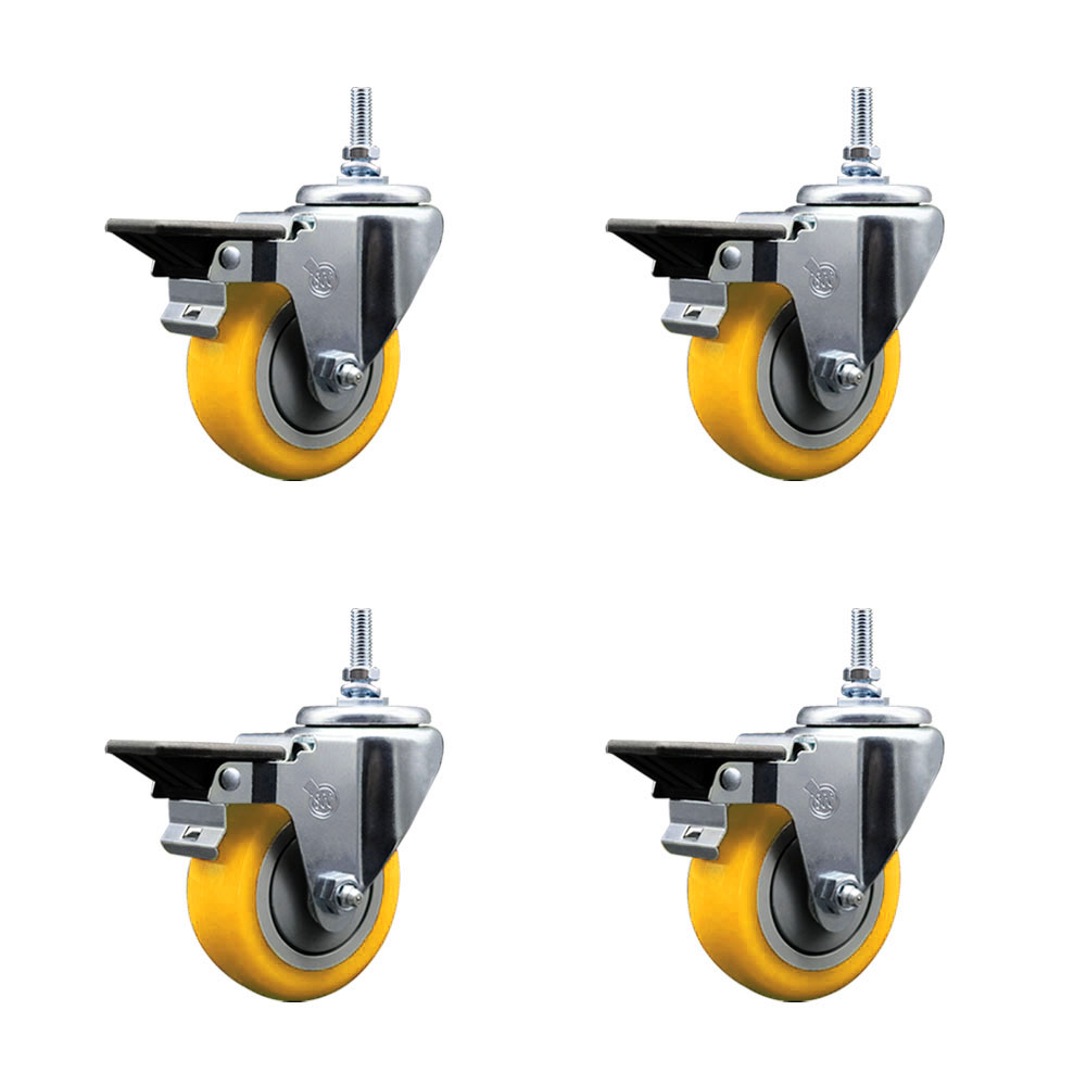 Polyurethane Swivel Threaded Stem Caster Set of 4 w/3.5" x 1.25" Yellow Wheels and 12MM Stems - Includes 4 with Posi Lock Brakes - 1,200 lbs Total Capacity - Service Caster Brand — photo 1