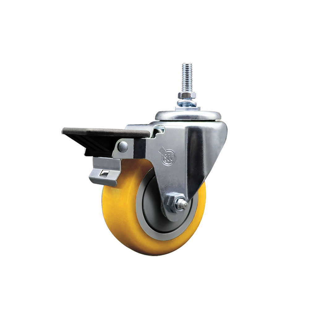 Polyurethane Swivel Threaded Stem Caster w/3.5" x 1.25" Yellow Wheel and 12MM Stem & Posi Locking Brake - 300 lbs Capacity/Caster - Service Caster Brand — photo 1