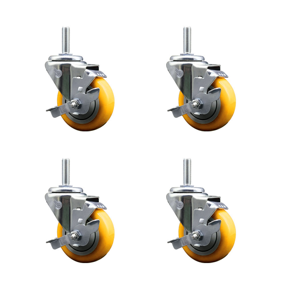 Polyurethane Swivel Threaded Stem Caster Set of 4 w/3.5" x 1.25" Yellow Wheels and 3/4" Stems - Includes 4 with Top Lock Brakes - 1,200 lbs Total Capacity - Service Caster Brand — photo 1