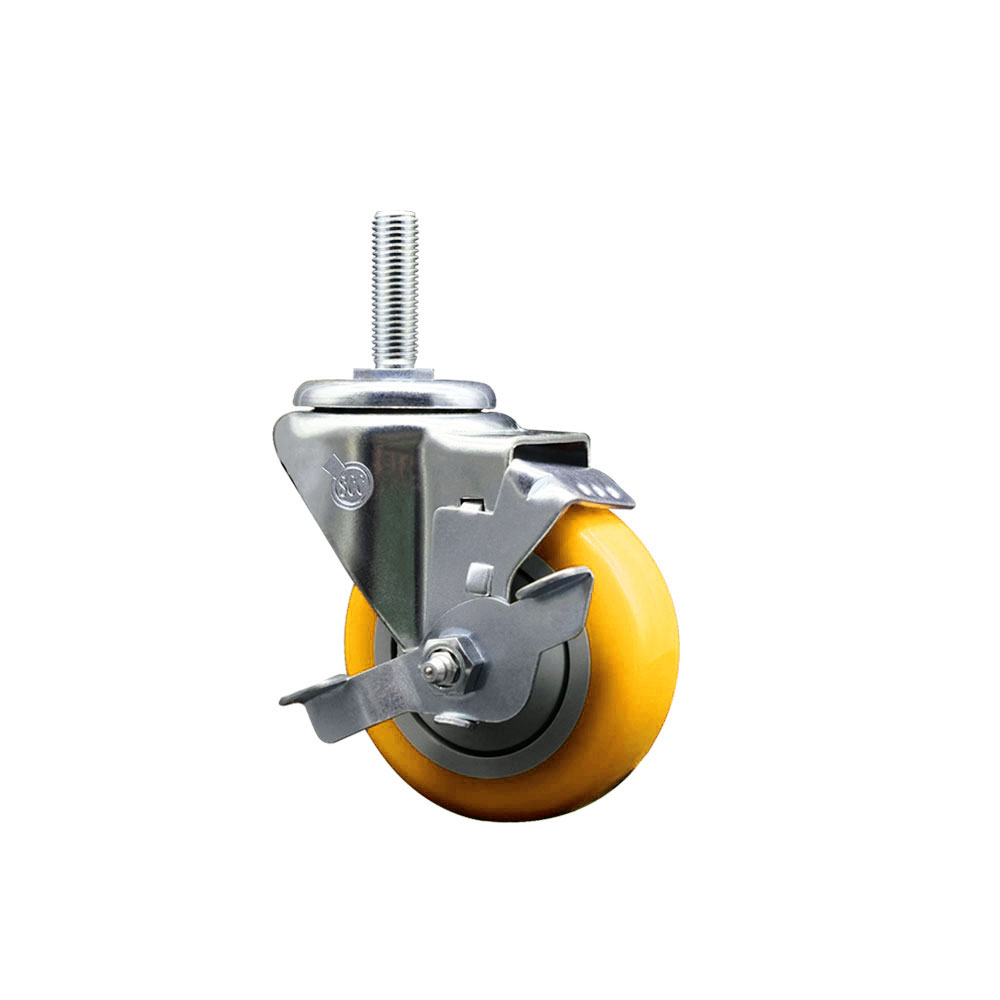 Polyurethane Swivel Threaded Stem Caster w/3.5" x 1.25" Yellow Wheel and 3/4" Stem & Top Locking Brake - 300 lbs Capacity/Caster - Service Caster Brand — photo 1