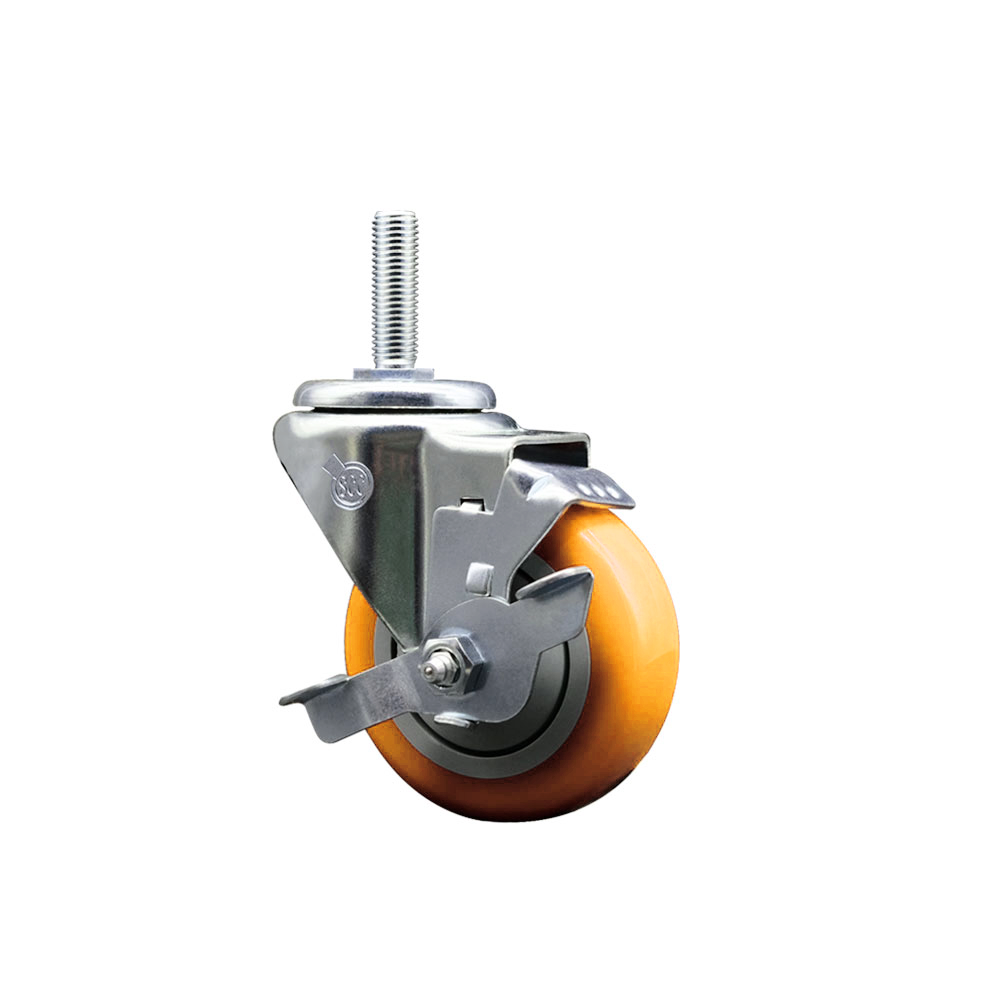 Polyurethane Swivel Threaded Stem Caster w/3.5" x 1.25" Yellow Wheel and 5/8" Stem & Top Locking Brake - 300 lbs Capacity/Caster - Service Caster Brand — photo 1