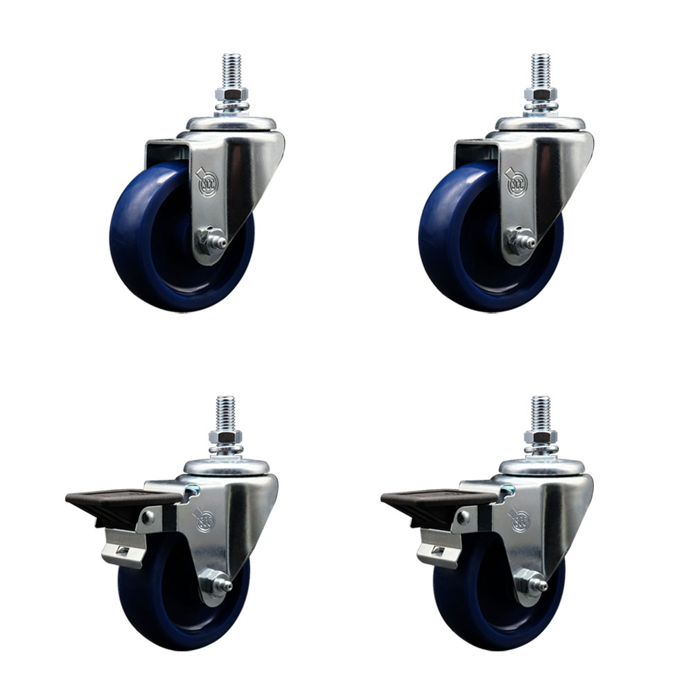 Solid Polyurethane Swivel Threaded Stem Caster Set of 4 w/3.5" x 1.25" Blue Wheels and 1/2" Stems - Includes 2 with Posi Locking Brake - 1200 lbs Total Capacity - Service Caster Brand — photo 1