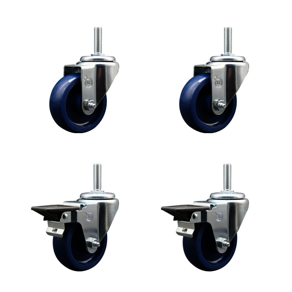 Solid Polyurethane Swivel Threaded Stem Caster Set of 4 w/3.5" x 1.25" Blue Wheels and 3/4" Stems - Includes 2 with Posi Locking Brake - 1200 lbs Total Capacity - Service Caster Brand — photo 1