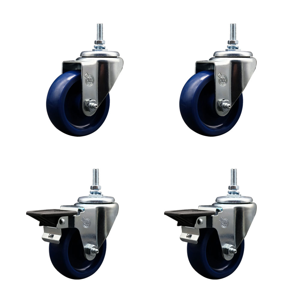 Solid Polyurethane Swivel Threaded Stem Caster Set of 4 w/3.5" x 1.25" Blue Wheels and 3/8" Stems - Includes 2 with Posi Locking Brake - 1200 lbs Total Capacity - Service Caster Brand — photo 1