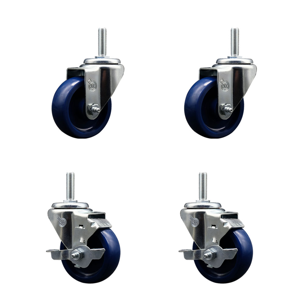 Solid Polyurethane Swivel Threaded Stem Caster Set of 4 w/3.5" x 1.25" Blue Wheels and 5/8" Stems - Includes 2 with Top Locking Brake - 1200 lbs Total Capacity - Service Caster Brand — photo 1