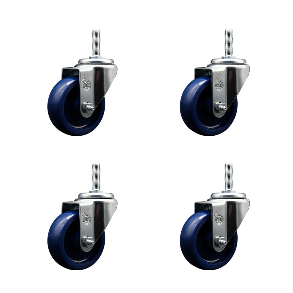Solid Polyurethane Swivel Threaded Stem Caster Set of 4 w/3.5" x 1.25" Blue Wheels and 5/8" Stems - Includes 4 Swivel - 1200 lbs Total Capacity - Service Caster Brand — photo 1