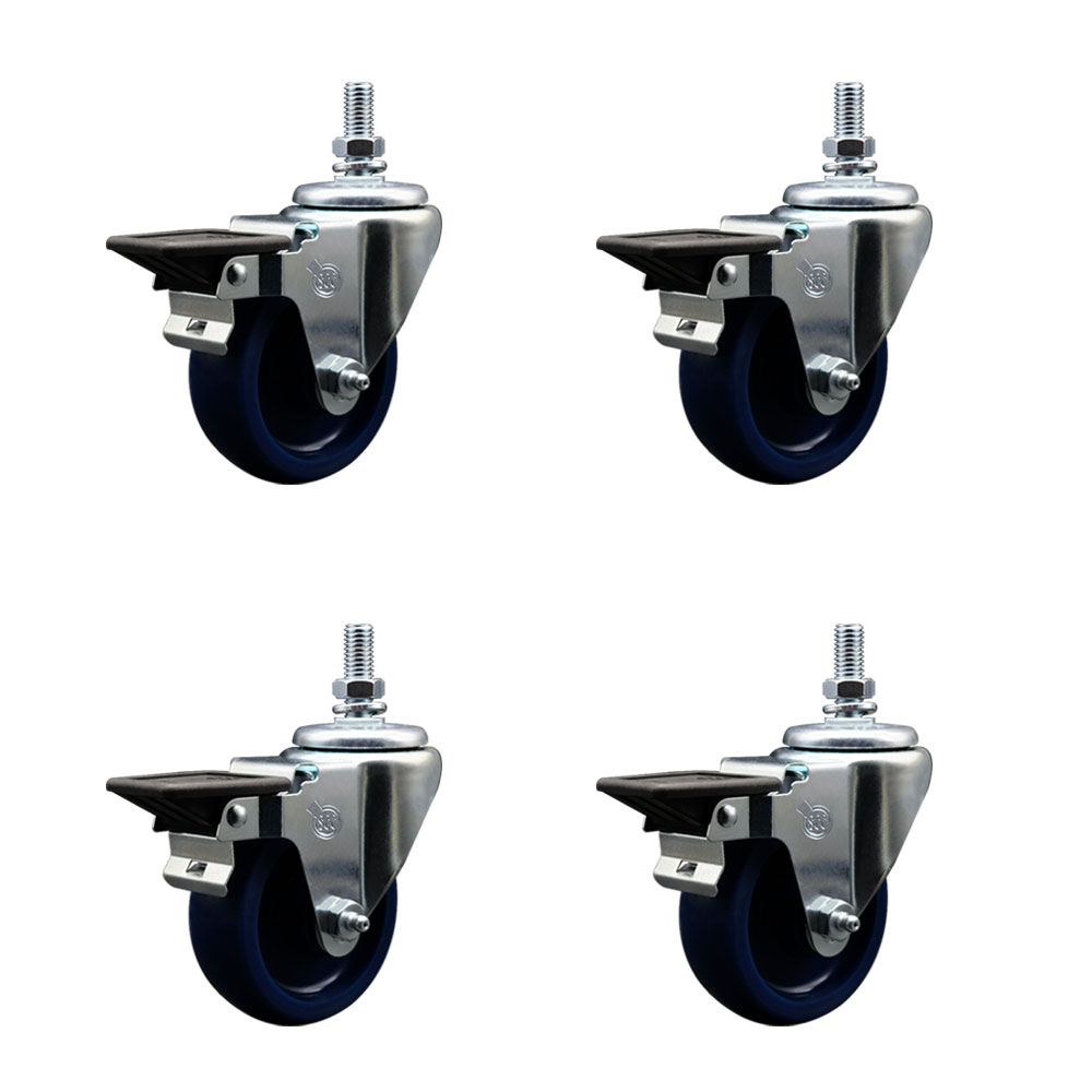 Solid Polyurethane Swivel Threaded Stem Caster Set of 4 w/3.5" x 1.25" Blue Wheels and 1/2" Stems - Includes 4 with Posi Lock Brakes - 1200 lbs Total Capacity - Service Caster Brand — photo 1