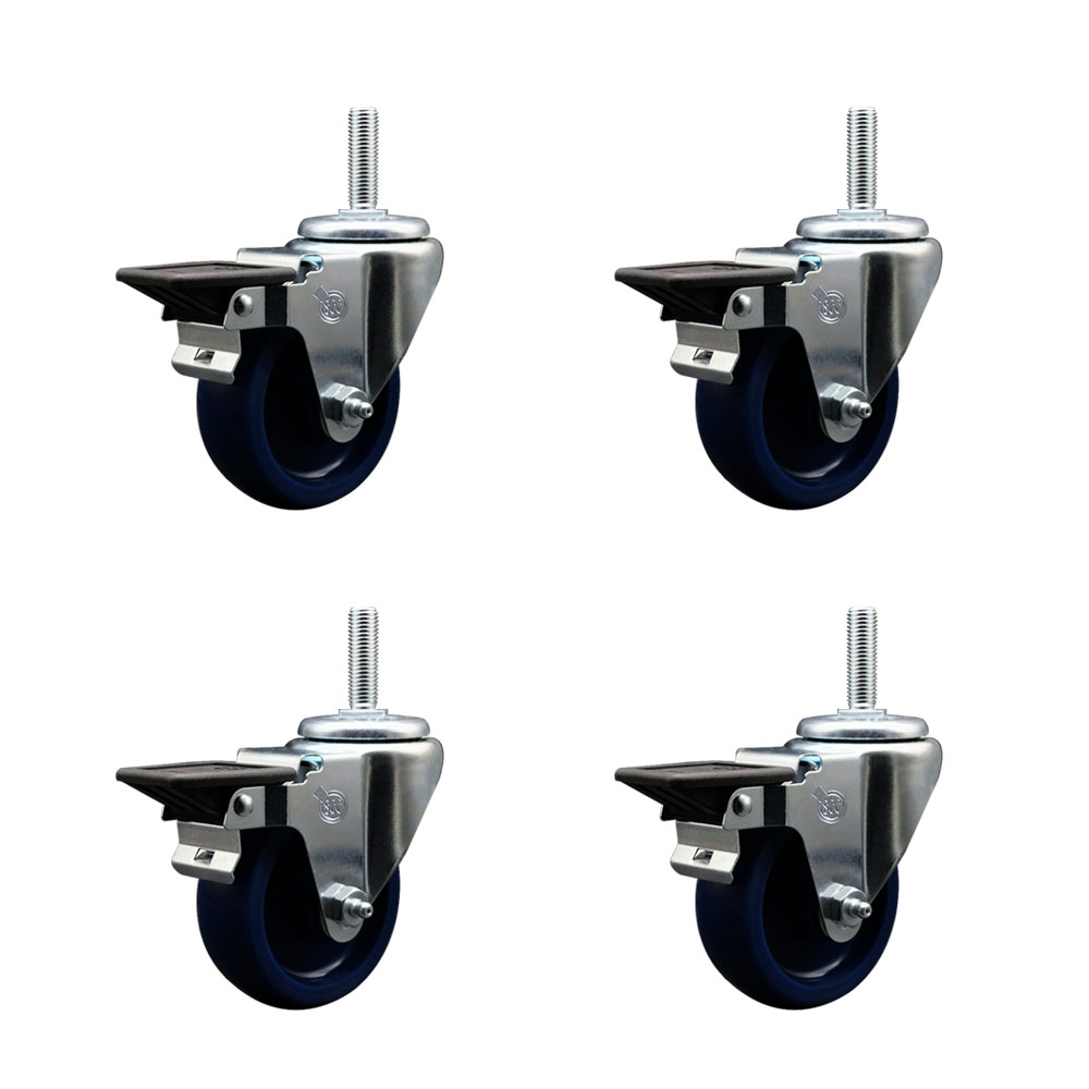 Solid Polyurethane Swivel Threaded Stem Caster Set of 4 w/3.5" x 1.25" Blue Wheels and 3/4" Stems - Includes 4 with Posi Lock Brakes - 1200 lbs Total Capacity - Service Caster Brand — photo 1