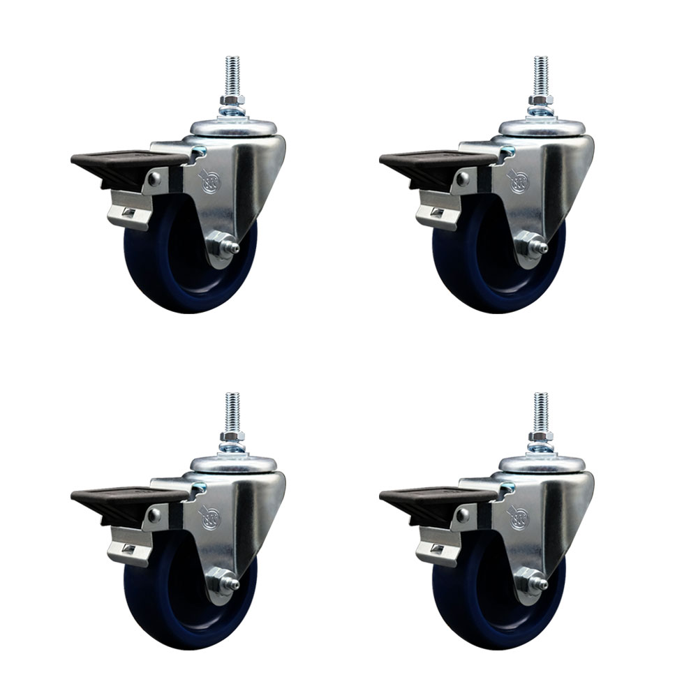Solid Polyurethane Swivel Threaded Stem Caster Set of 4 w/3.5" x 1.25" Blue Wheels and 3/8" Stems - Includes 4 with Posi Lock Brakes - 1200 lbs Total Capacity - Service Caster Brand — photo 1