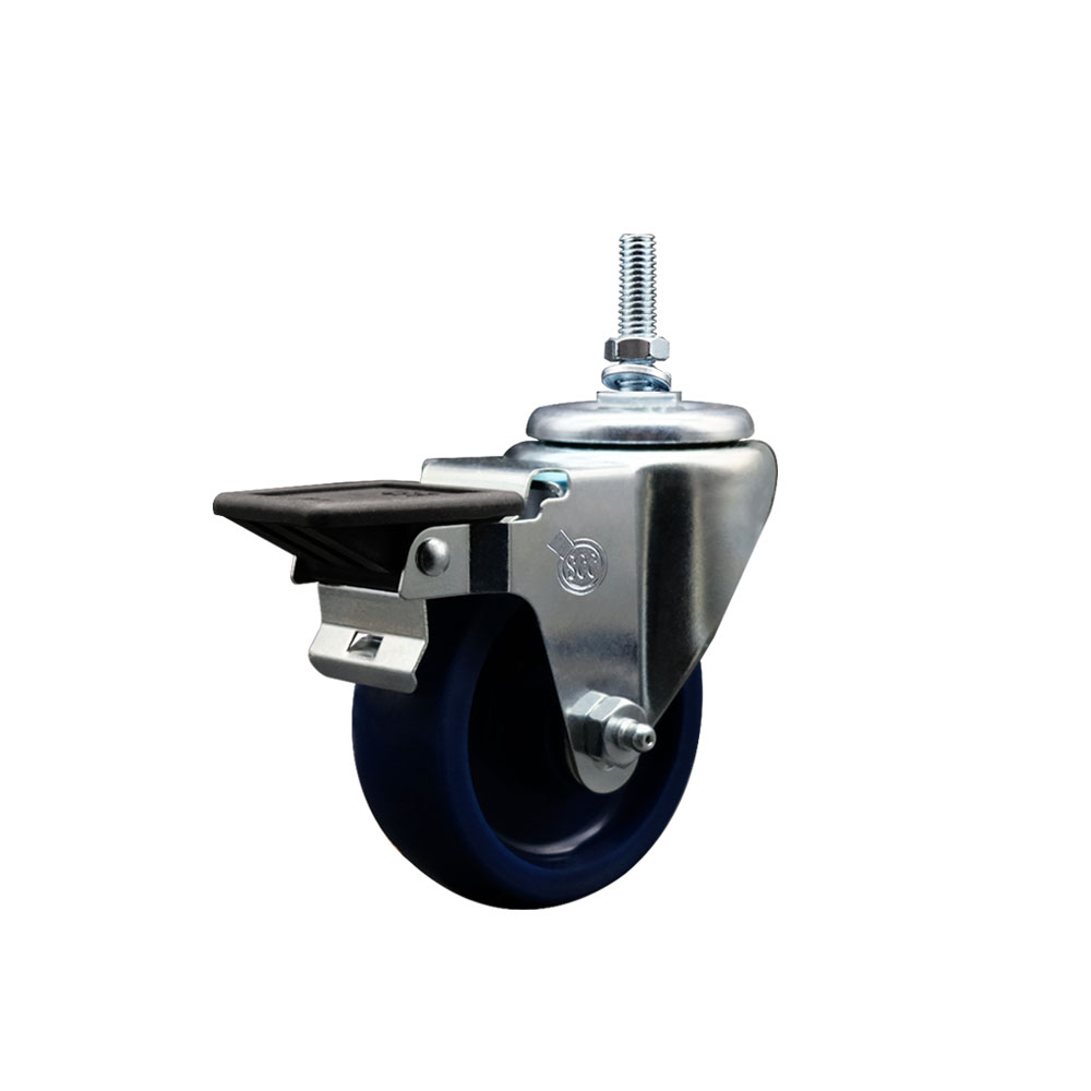Solid Polyurethane Swivel Threaded Stem Caster w/3.5" x 1.25" Blue Wheel and 3/8" Stem & Posi Locking Brake - 300 lbs Capacity/Caster - Service Caster Brand — photo 1