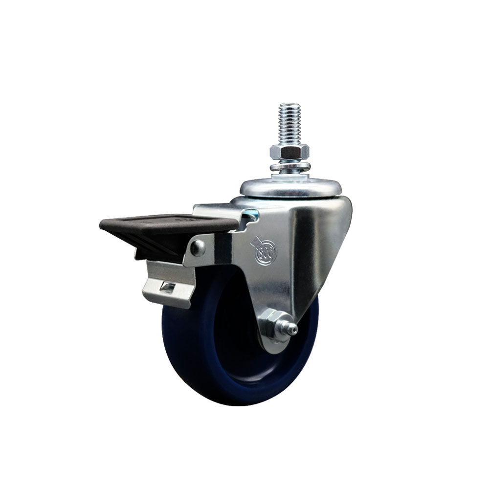 Solid Polyurethane Swivel Threaded Stem Caster w/3.5" x 1.25" Blue Wheel and 10MM Stem & Posi Locking Brake - 300 lbs Capacity/Caster - Service Caster Brand — photo 1