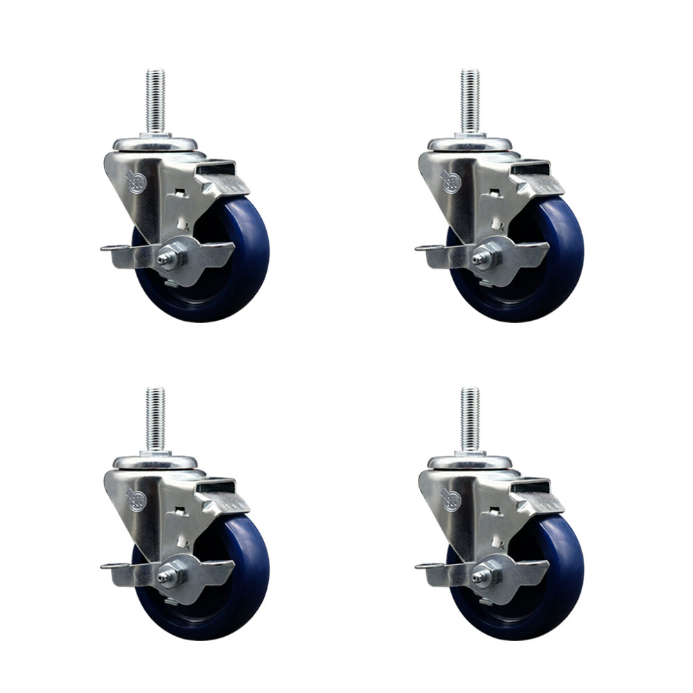 Solid Polyurethane Swivel Threaded Stem Caster Set of 4 w/3.5" x 1.25" Blue Wheels and 3/4" Stems - Includes 4 with Top Lock Brakes - 1200 lbs Total Capacity - Service Caster Brand — photo 1