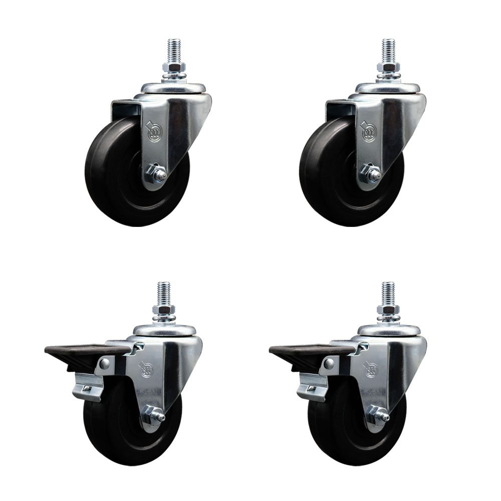 Soft Rubber Swivel Threaded Stem Caster Set of 4 w/3.5" x 1.25" Black Wheels and 1/2" Stems - Includes 2 with Posi Locking Brake - 800 lbs Total Capacity - Service Caster Brand — photo 1
