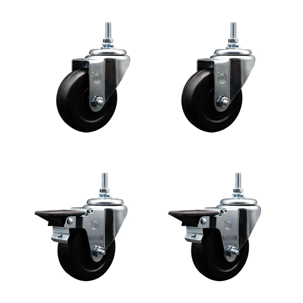 Soft Rubber Swivel Threaded Stem Caster Set of 4 w/3.5" x 1.25" Black Wheels and 12MM Stems - Includes 2 with Posi Locking Brake - 800 lbs Total Capacity - Service Caster Brand — photo 1