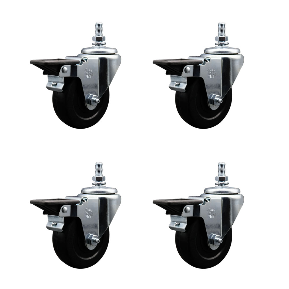 Soft Rubber Swivel Threaded Stem Caster Set of 4 w/3.5" x 1.25" Black Wheels and 1/2" Stems - Includes 4 with Posi Lock Brakes - 800 lbs Total Capacity - Service Caster Brand — photo 1