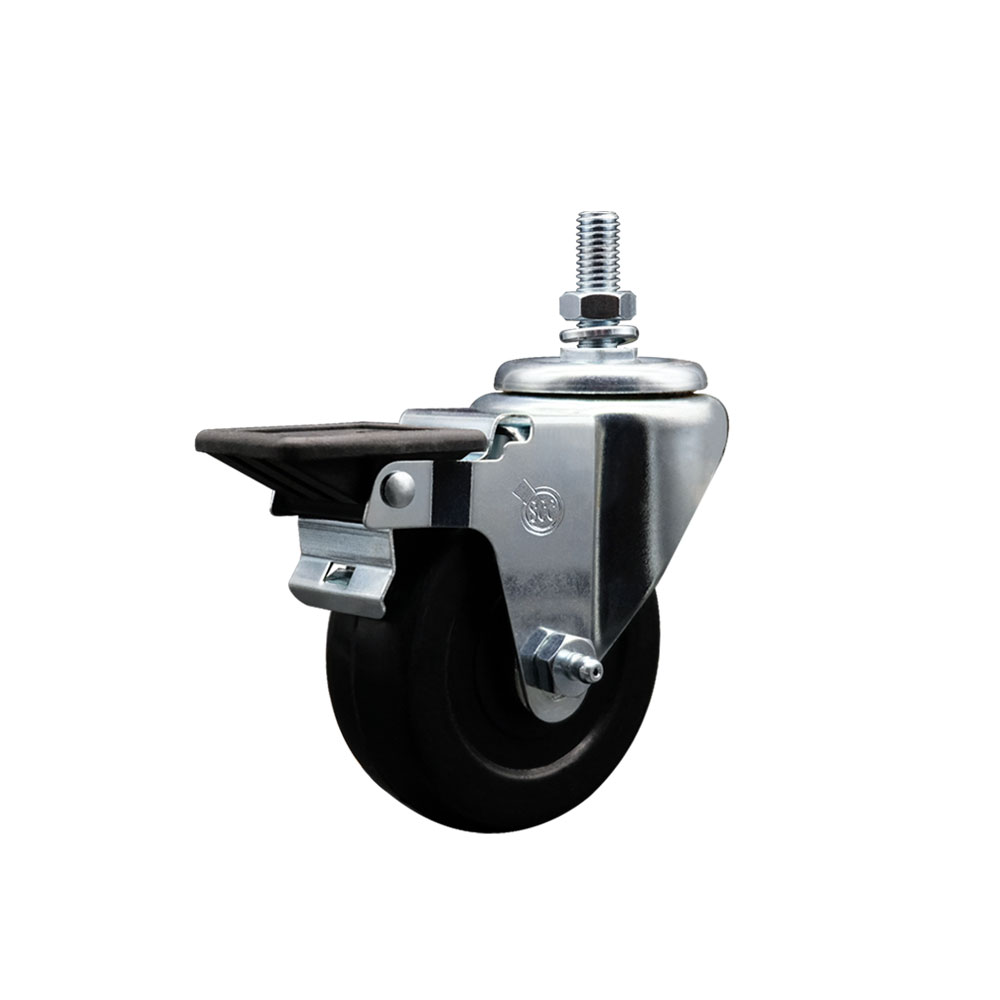 Soft Rubber Swivel Threaded Stem Caster w/3.5" x 1.25" Black Wheel and 1/2" Stem & Posi Locking Brake - 200 lbs Capacity/Caster - Service Caster Brand — photo 1