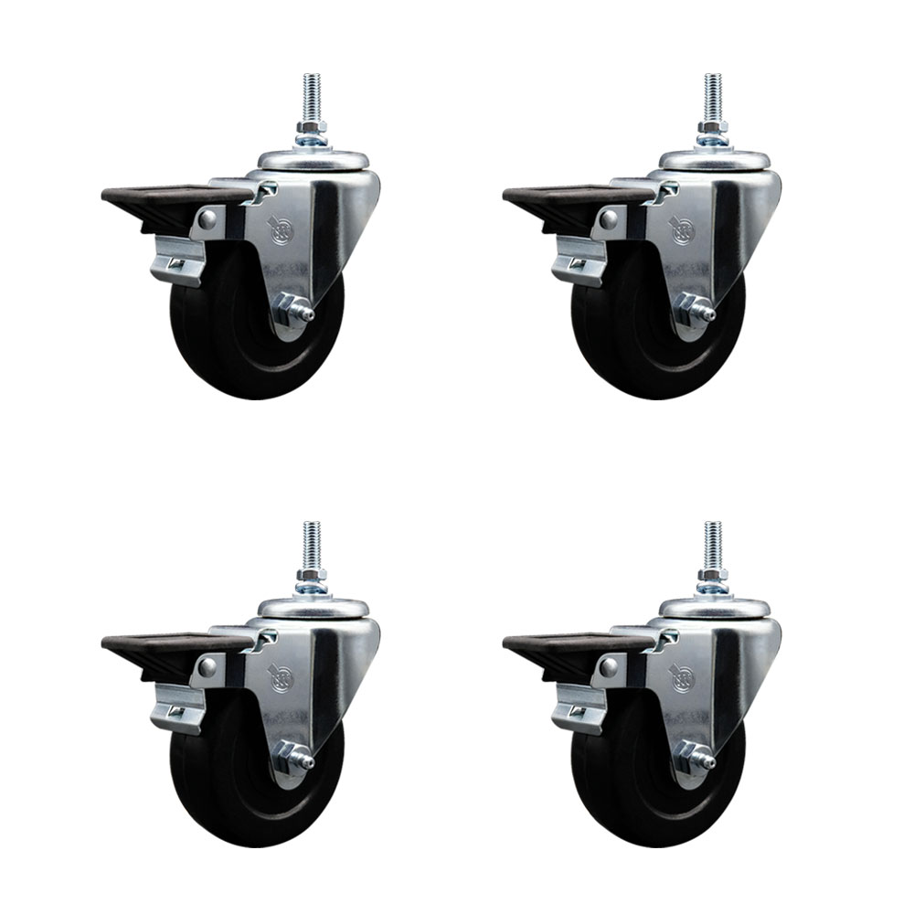 Soft Rubber Swivel Threaded Stem Caster Set of 4 w/3.5" x 1.25" Black Wheels and 3/8" Stems - Includes 4 with Posi Lock Brakes - 800 lbs Total Capacity - Service Caster Brand — photo 1