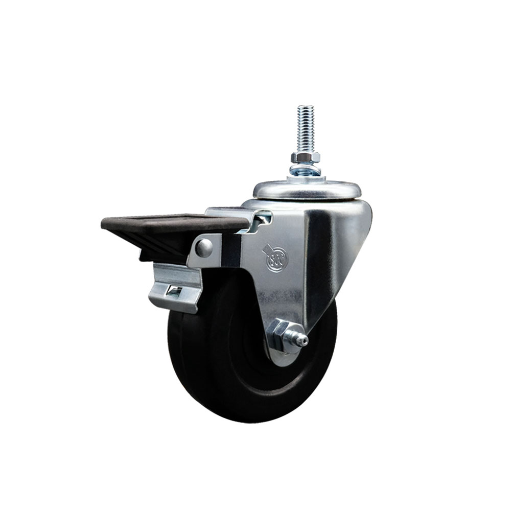 Soft Rubber Swivel Threaded Stem Caster w/3.5" x 1.25" Black Wheel and 12MM Stem & Posi Locking Brake - 200 lbs Capacity/Caster - Service Caster Brand — photo 1