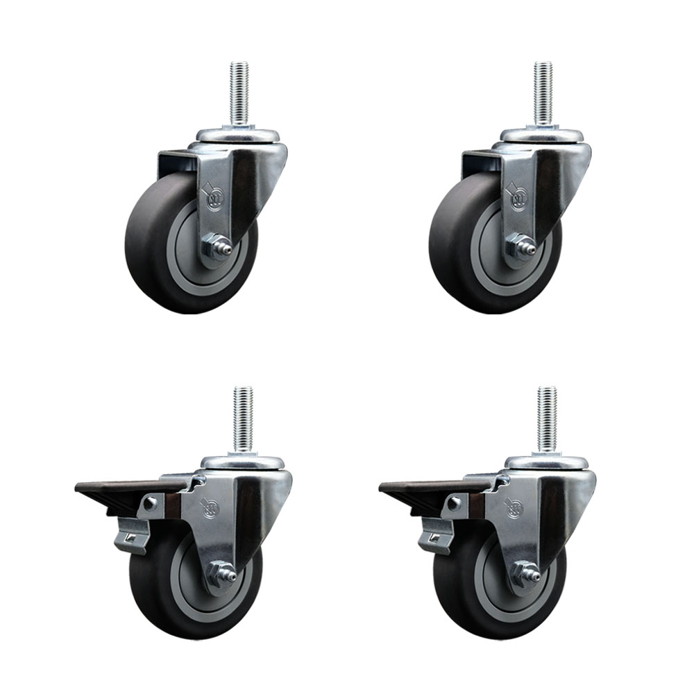 Thermoplastic Rubber Swivel Threaded Stem Caster Set of 4 - 3.5" x 1.25" Gray Wheels and 3/4" Stems - Includes 2 with Posi Locking Brake - 920 lbs Total Capacity - Service Caster Brand — photo 1