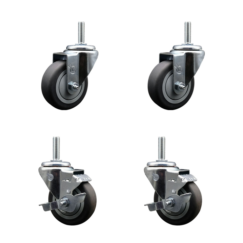 Thermoplastic Rubber Swivel Threaded Stem Caster Set of 4 - 3.5" x 1.25" Gray Wheels and 3/4" Stems - Includes 2 with Top Locking Brake - 920 lbs Total Capacity - Service Caster Brand — photo 1